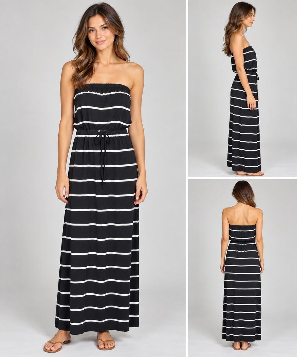 J Crew Womens Maxi Dress Strapless Blouson Striped Black White Pockets XS